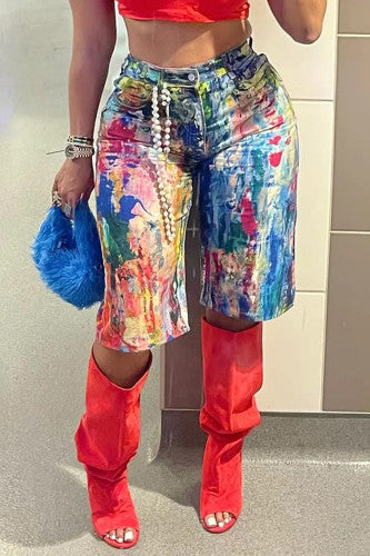 Multi-Color Summer Print Casual Denim Pants