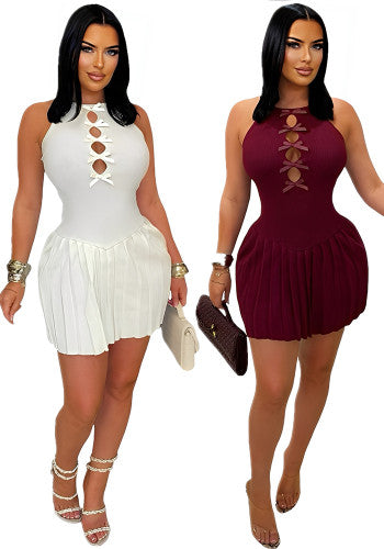 Solid Color Ribbed Patchwork Pleated Dress