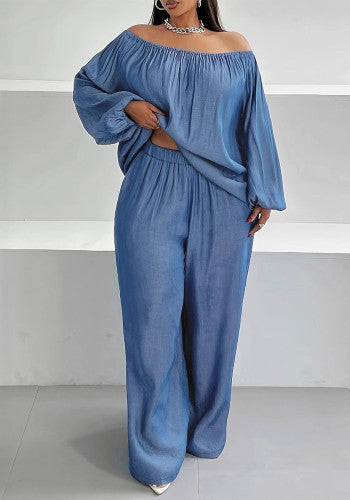 Plus Size Off-Shoulder Top And Loose Pants Set