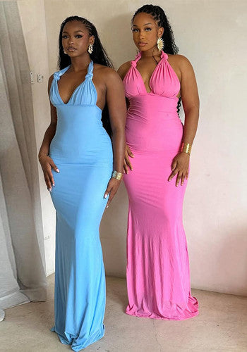 Solid Color V-Neck Backless Bodycon Dress