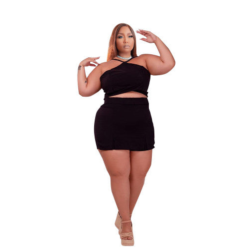 Plus Size Sexy Solid Top And Culottes Two-Piece Set