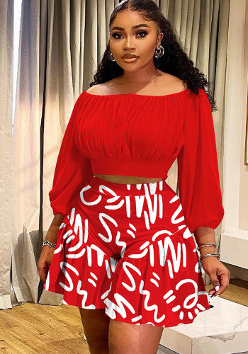 Plus Size Pleated Off Shoulder Top And Printed Shorts Set