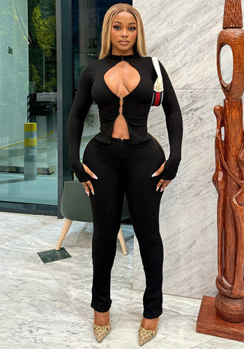 Cutout Hook And Snap Zipper Top And Pants Two-Piece Set